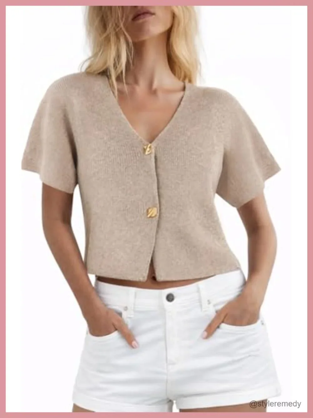 Cropped Knit Cardigan Top Short Sleeve V-Neck Button Front Lightweight Spring